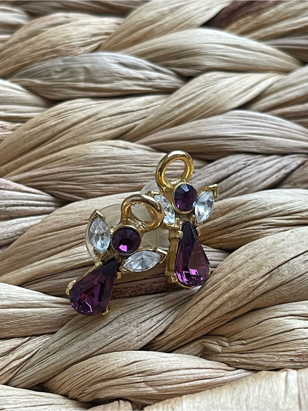 Vintage Purple Amethyst Crystal Guardian Angels Halo Earrings Gold Tone February